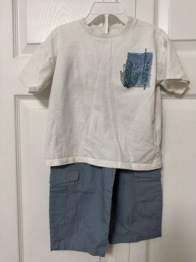 Zara White Tee with Blue Graphic and Slate Blue pants